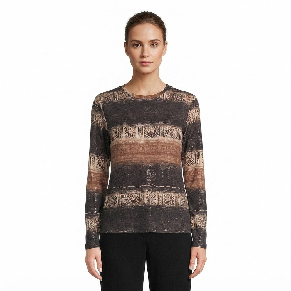 Chicos Design‎ Shirt Womens 3 XL Brown Tribal Geometric Print Long Sleeve Top